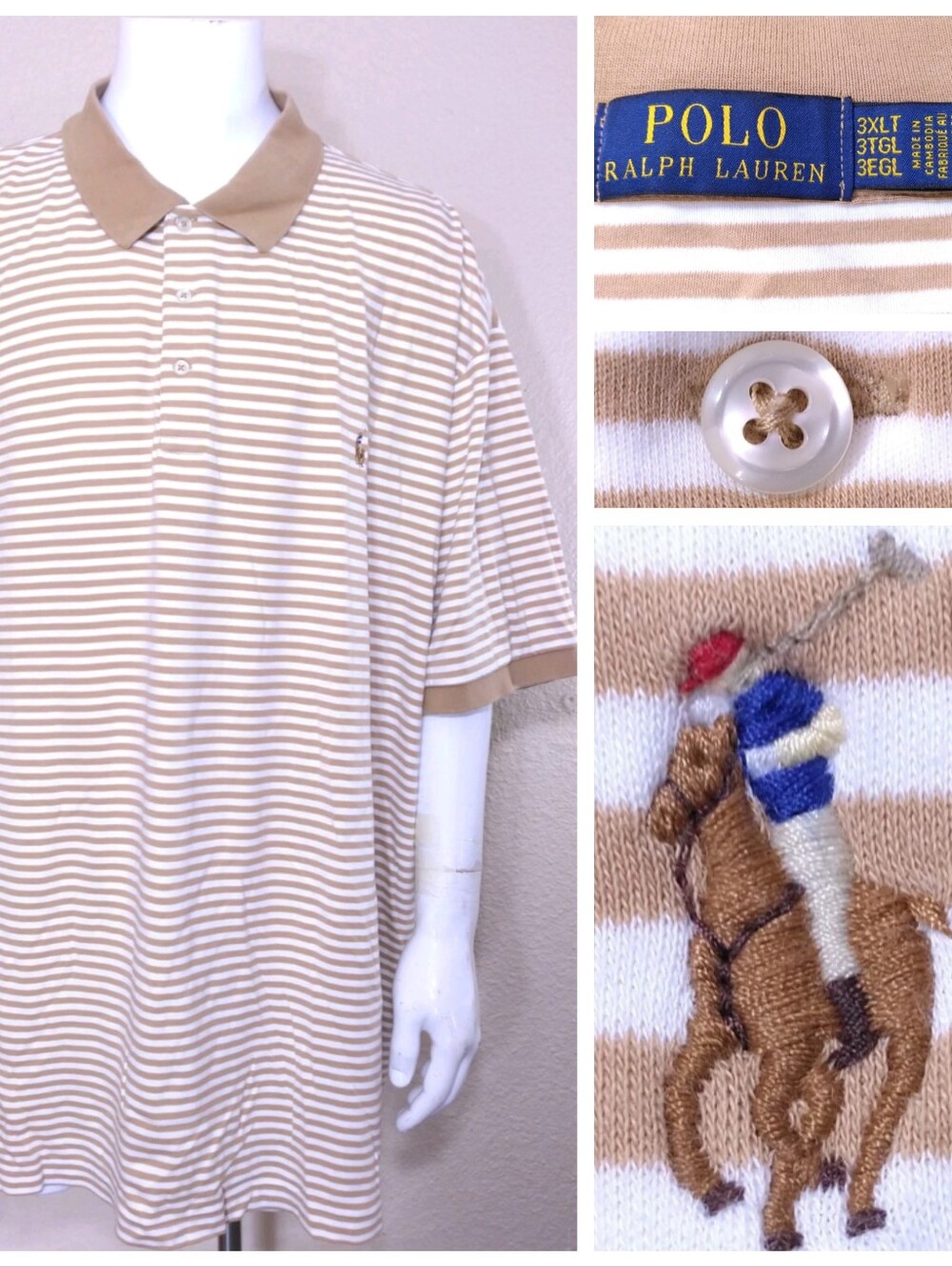 POLO RALPH LAUREN 3XLT Cream Stripes MULTICOLOR PONY XXXL 3XL BIG & TALL RL MENS